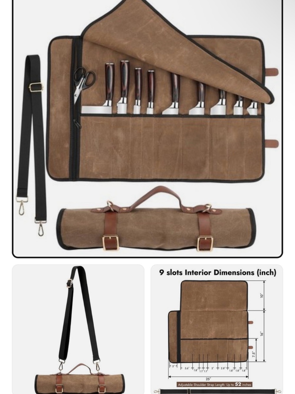 Canvas Knife Roll with Removable Black Shoulder Strap - Brown
